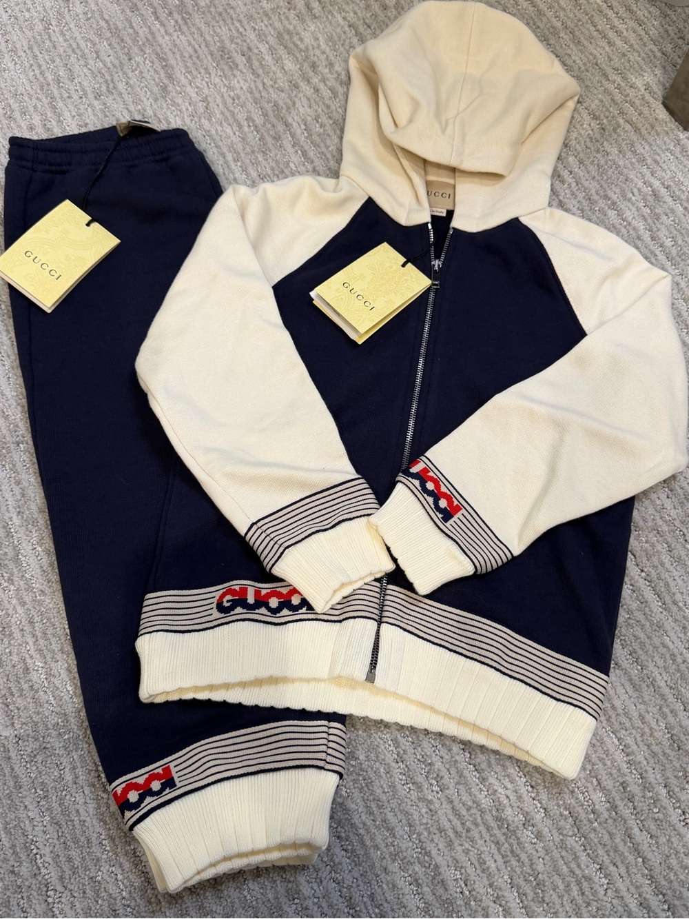 Gucci Toddler Navy & Cream Hooded Zip Track Set with Logo Trim